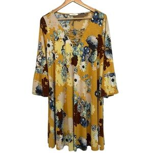 Women's 1X Mustard Floral Stretchy Casual PLUS Flare Sleeve Tunic Mini Dress